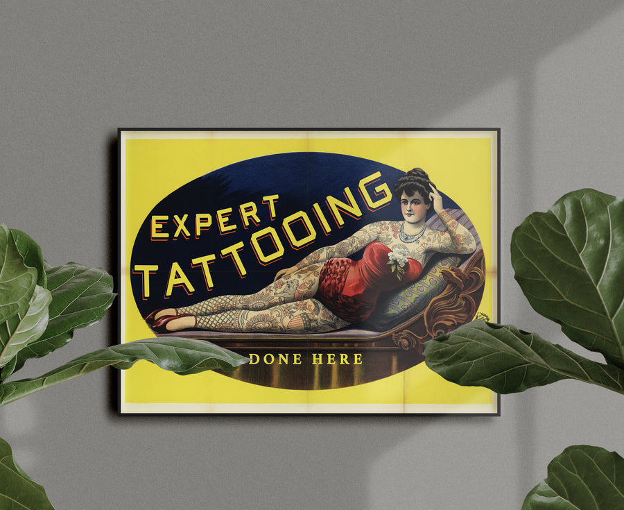 Vintage Percy Waters "Expert Tattooing Done Here" Poster Print